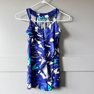 Tori Richard Hawaiian Womens XXS Blue Geometric Ruffle Tropical Tank Top Aloha